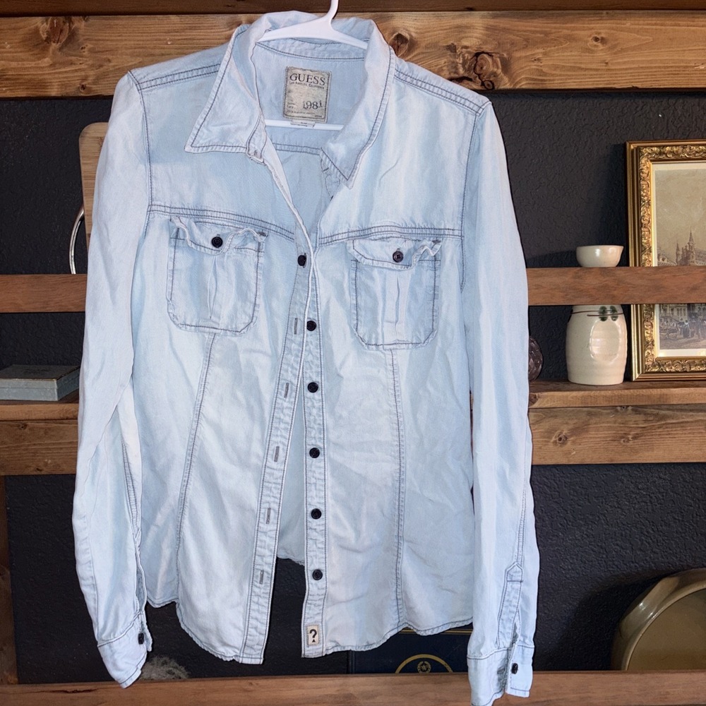 GUESS Y2K Denim Chambray Soft Viscose Button Down Boho Shirt Women's M